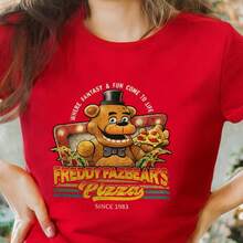 Fazbear's Pizza Graphic T - Shirt For Men Women, Retro 1983  Fazbear Design With Black Top Hat, Bow Tie, Pepperoni Pizza Print - Casual Short Sleeve Tee, Perfect For FNAF Fans, Wavy Blonde Hair Character - Inspired T - ShirtValentine Gift, Valentine Days,Going Out Tops,Vintage,Summer Outfits For Women,T-Shirt - 紅色 - 查看 1