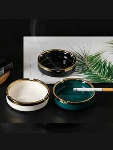 1pc Handmade Gold-Plated Ceramic Ashtray, Gold-Rimmed Edge, Round Shape, Suitable For Home, Office, Cafe, Nordic Minimalist Style Home Decor (Subtle Differences In Handmade Gold-Plating Process Do Not Affect Use) - Multicolor - View 2