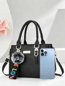 1pc Fashionable Minimalist Versatile Women Handbag With Accessory Charm - Black - View 6