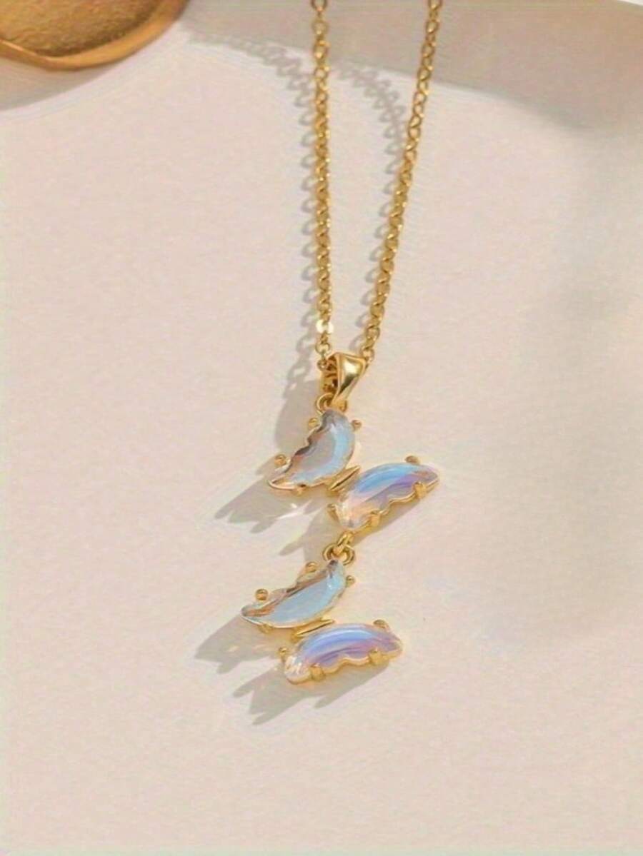 1pc Gold Stainless Steel Plated Chain Butterfly Pendant Necklace, Fashion Creative Design Niche Minimalist Luxury, Suitable For Travel, Daily Wear, Vacation (OPP Bag Packaging) - Blue - View 1