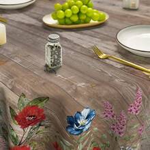 Spring Tablecloth 70*70 Inch Round, Flowers Brown Wood Grain Washable Seasonal Table Cover Party Picnic Dinner Decor - 70" (Round) + Brown - View 4