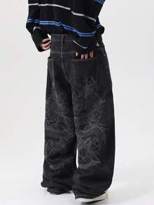 1pc Justice Brother Casual Personalized Print Black Denim Jeans, Loose Wide Leg Pants, Fashion High Street Versatile Black Trousers (Belt And Accessories Not Included) - Black - View 1