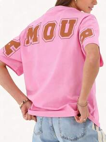 Women's Casual Letter Print Round Neck Short Sleeve Loose Versatile T-Shirt, Spring/Summer Pink - Pink - View 3