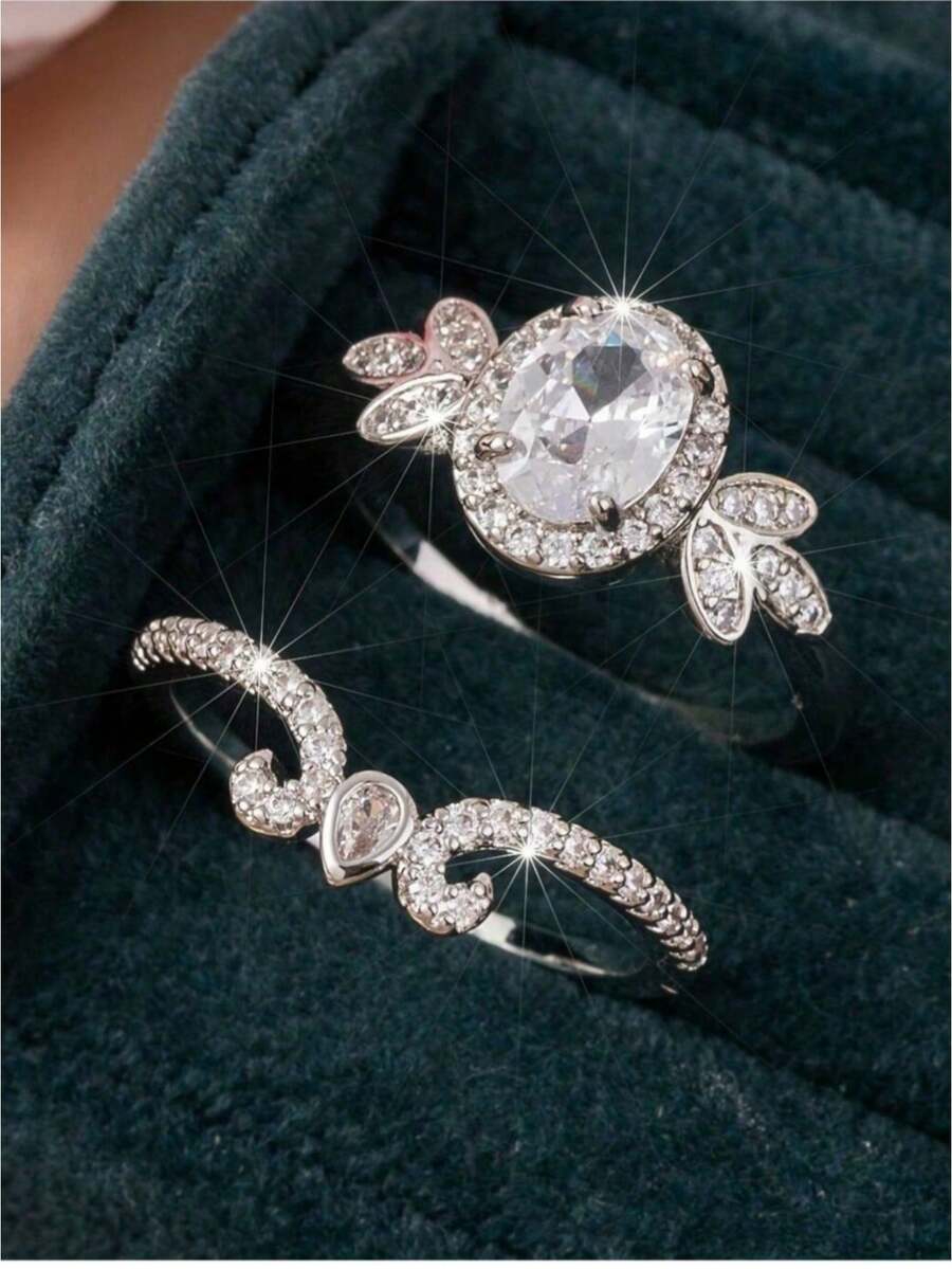 2pcs Exquisite Fashion Ring Set, Sparkling Synthetic Zirconia Rings, Perfect For Women's Party, Banquet, Anniversary, Valentine's Day Gift (Box Not Included) - Silver - View 1
