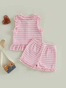 2Pcs Baby Girl Summer Outfits Sleeveless Stripes Print Ruffle Tops + Shorts Set Toddler Clothes - Hồng - Xem 2