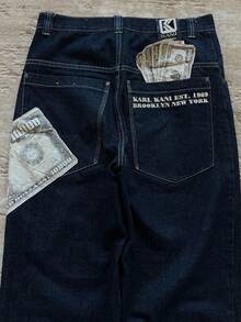 Y2K Baggy Jeans Harajuku Money Print High Waist Wide Leg Streetwear Pants Hip Hop Embroidered Denim Trousers - 黑色 - 查看 6