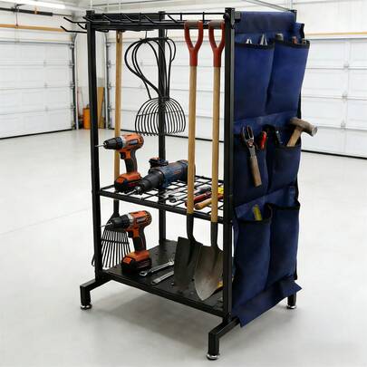 Black Metal Tool Rack With Multiple Slots | Durable Organiser For Garden, Garage & Shed | Perfect For Spring Gardening & Backyard Renovation Projects