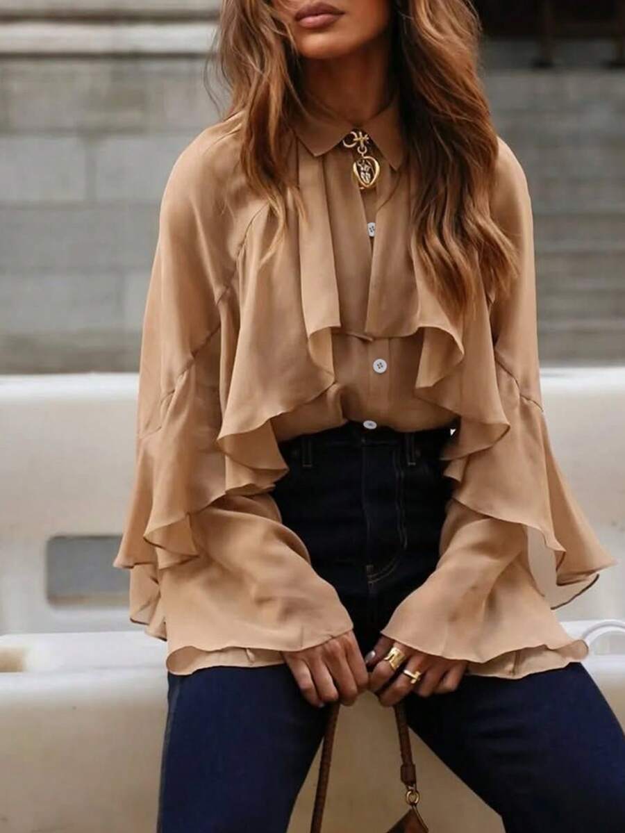 1 chiếc áo kiểu nữ bằng vải chiffon xếp ly, dáng rộng, thanh lịch, thích hợp cho hẹn hò, đi làm và mặc hàng ngày, mùa xuân/hè. - Màu Khaki - Xem 1