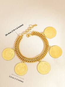 1pc Coin Decor Double Chain Bracelet, Suitable For Men And Women, Suitable For Daily Wear And Festivals - Yellow Gold - View 5