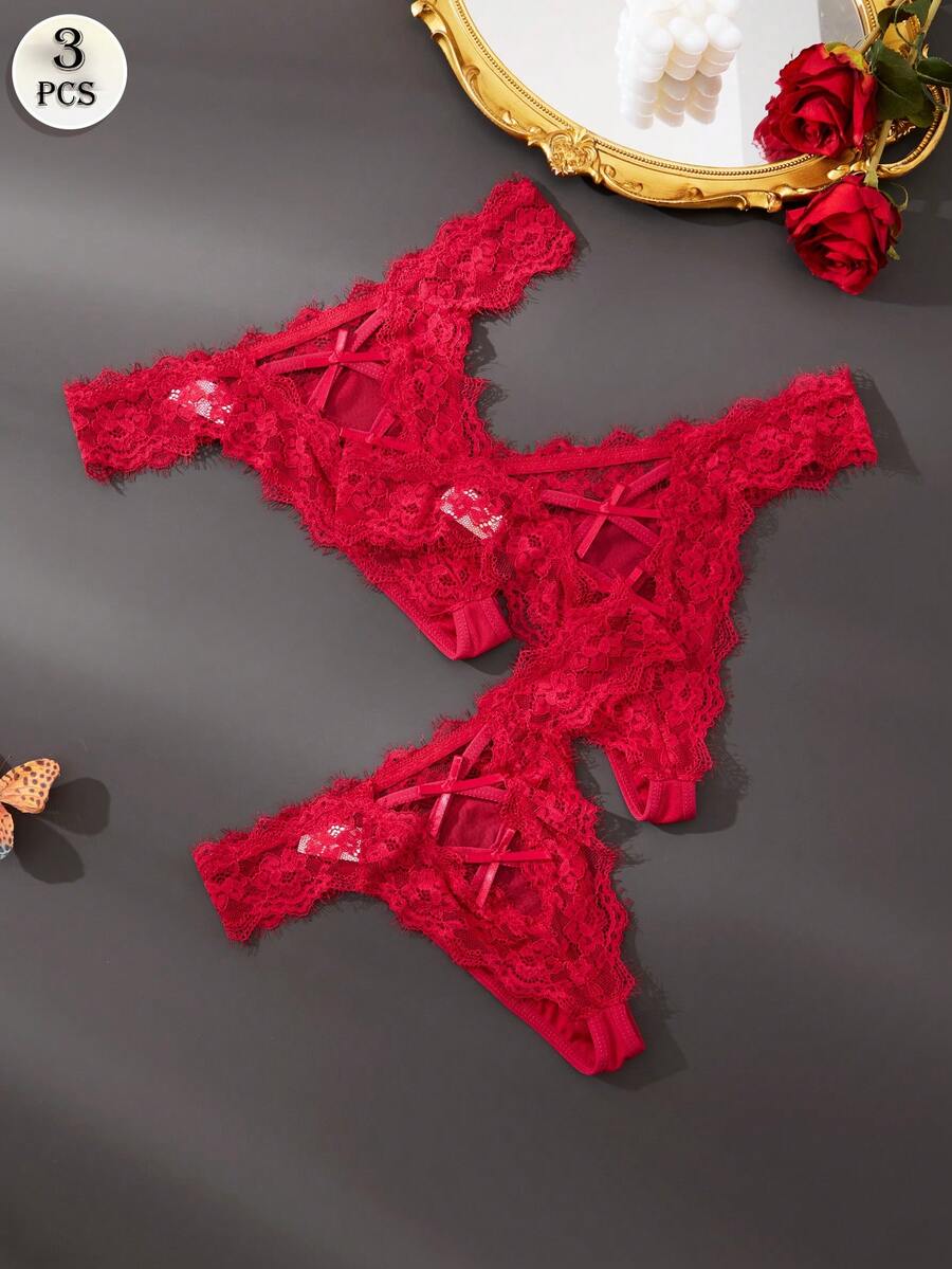 APRSEA 3条装时尚性感蕾丝边红色派对女士内裤 - 紅色 - 查看 1