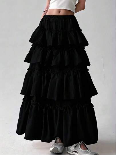 Elegant Women's White Layered Solid Color Skirt, Suitable For Spring And Summer