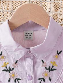 Camisa de manga larga con cuello vuelto bordado con flores para niña preadolescente, estilo universitario - Morado - Ver 5
