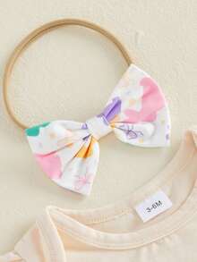 Conjunto de mono de cuello redondo de manga corta con bordado de conejito de Pascua para niñas, adorable y falda de tul con diadema. - Albaricoque - Ver 4