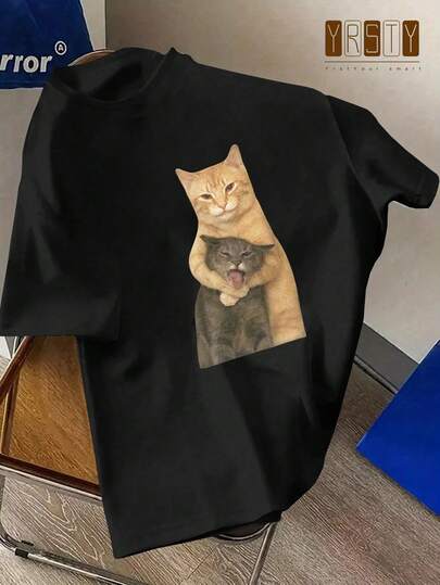 Herren Lässig Internet Meme Katzen Grafik Lustiges Tier Muster Rundhals Kurzarm T-Shirt, geeignet für Frühling, Sommer, Herbst, Valentinstag, Schulanfang
