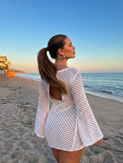 SEREN 女士夏季连衣裙，露背针织连衣裙，纯色罗纹沙滩裙，度假长袖针织连衣裙，女士沙滩装，性感套装，Y2K风格连衣裙，中长款连衣裙