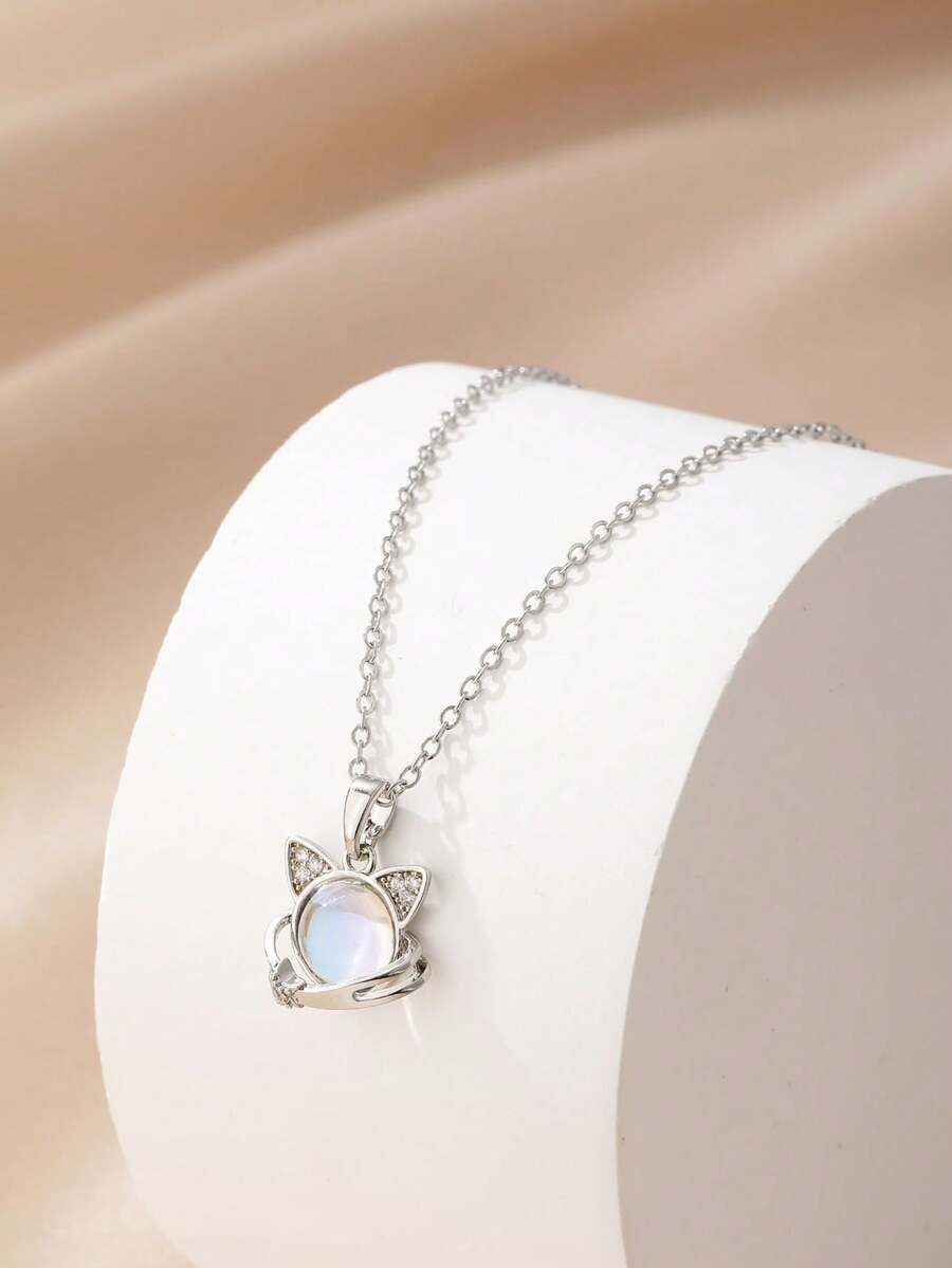 1套银色猫咪可爱项链 - 銀色 - 查看 1