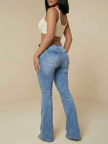 Women's High Waist Stretch Denim Flare Jeans With Multi-Button Closure, Whiskering & Vintage Wash Retro Casual Elegant Outing Pants - Rửa nhẹ - Xem 2