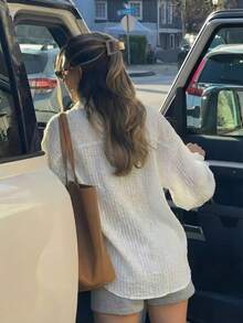 1件女士夏季轻薄透明白色格子长袖休闲衬衫，宽松休闲度假风 - 白色 - 查看 2