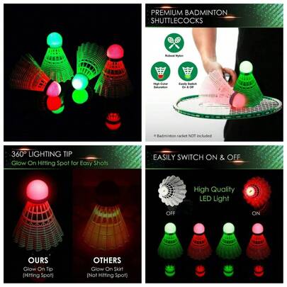Glow In The Dark Badminton Shuttlecocks Night Sports Light Up Birdies 4 Pack