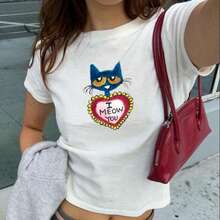 Y2K Pete Cat I Meow You Baby Tee - Y2K Baby Tee, 90s Baby Tee, Graphic Shirt Crop, Coquette, Vintage - 白色 - 查看 1