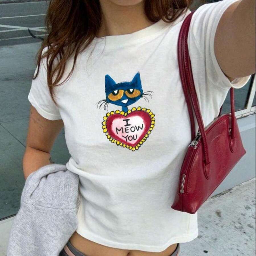 Y2K Pete Cat I Meow You Baby Tee - Y2K Baby Tee, 90s Baby Tee, Graphic Shirt Crop, Coquette, Vintage - 白色 - 查看 1