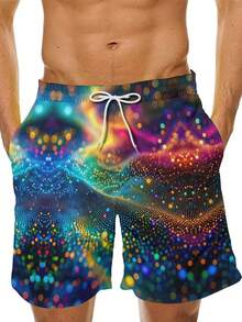 A Pair Of Men's Summer Athletic Shorts With A Light-Effect Particle Print, Vibrant And Refreshing, Made Of Lightweight And Breathable Polyester Fiber, Perfect For Beach Outings. - Multicolor - View 1