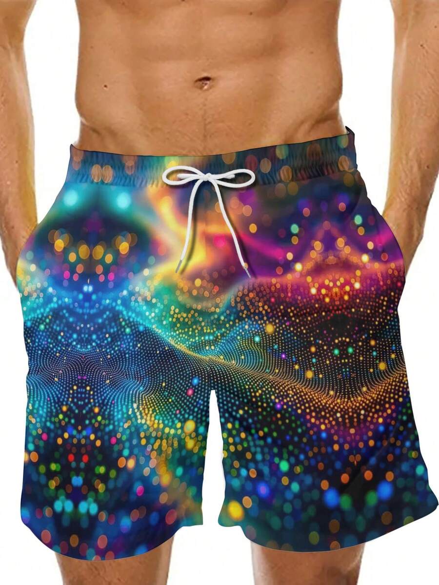 A Pair Of Men's Summer Athletic Shorts With A Light-Effect Particle Print, Vibrant And Refreshing, Made Of Lightweight And Breathable Polyester Fiber, Perfect For Beach Outings. - Multicolor - View 1