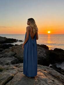 Women's Sexy Backless Solid Color Spaghetti Strap Maxi Dress, Loose Sleeveless Empire Style Dress, 2026 Summer New Arrival - 藏青 - 查看 2