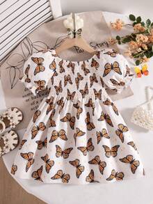 Infant/Baby GirlCute Vacation Style Butterfly Print Lantern Sleeve Dress, Summer - Multicolor - View 2