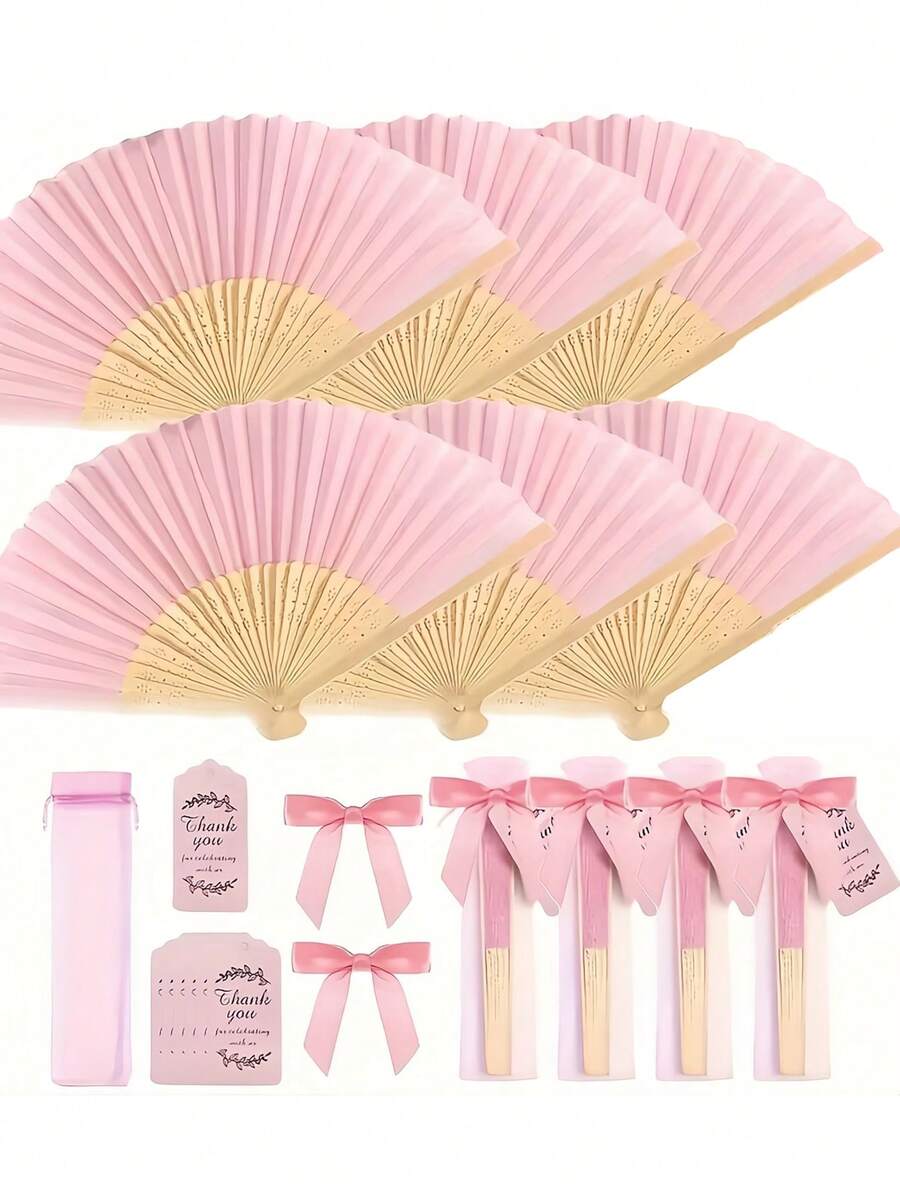 24件/6組粉色絲綢木製摺扇，附禮品袋感謝卡套組，新娘竹製手持摺扇，婚禮紀念品送禮