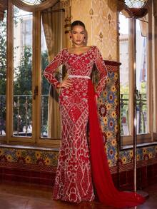 Faeriesty Elegant Women's Sequin Embroidered Mermaid Long Sleeve Evening Gown, Suitable For Romantic Valentine's Day Dates, Destination Luxury Weddings, Red Carpet Formal Parties And Other Occasions Vacation Spring Party - Red - View 8