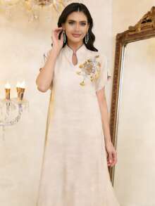 Elegant Embroidered Beaded Arabic Dress, Short Sleeve V-Neck Jalabiya Dress, Ramadan Atmosphere, Soft 2026 New Design Robe - Apricot - View 7