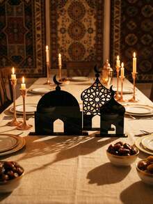 3pcs Islamic Style Moon & Mosque Acrylic Desktop Decor - Available In Multiple Sizes, Suitable For Eid, Ramadan And Home Decor - High Quality Acrylic Crescent Dome Decorations - Middle Eastern Inspired Halal Home Interior Accessories - Black - View 3
