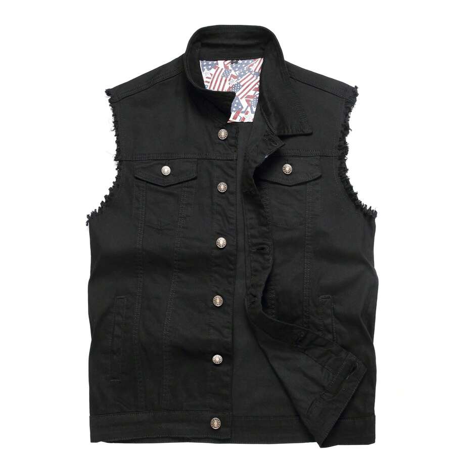 Keevoom Men's Black Denim Vest Vintage Casual Jean Jacket Sleeveless Outerwear - 黑色 - 查看 1