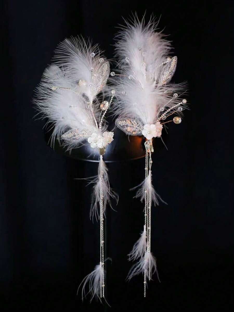 2pcs Feather Tassel Hairclips, Elegant Bridal Robe, Celebrity Style, High-End Photoshoot Accessories,Wedding Hair Accessories - Multicolor - View 1