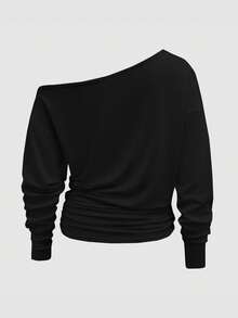 Áo thun dài tay màu đen SMILE CHIC với thiết kế bất đối xứng vai, kiểu dáng thoải mái, đa năng, phù hợp cho mùa xuân/thu, mặc hàng ngày, đi nghỉ mát và dã ngoại. - màu đen - Xem 5