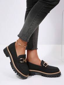 Giày lười nữ đế dày, mũi tròn, màu đen bóng, trang trí họa tiết, thích hợp đi làm hàng ngày, đi học, phù hợp cho mọi mùa. - màu đen - Xem 5