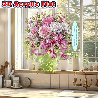 2D/Flat Diamond Pendant Set For Adults, DIY Acrylic 5D Asymmetrical Diamond Painting Window Decor Hanging Ornament, Home Garden Wall Floral Pendant Decoration