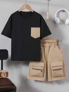 2pcs/Set Boys' Casual Short Sleeve Utility Pocket Shorts Set - Black - View 3