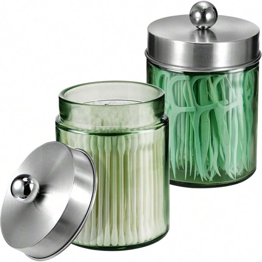 Euuztu Sage Green Qtip Holder, Glass ApothecaryJar Metal Lid & Stickers, Bathroom Qtip Holder Storage Canister, Farmhouse Decor Cotton Balls, Swabs, Makeup Pads, Bath Salt - Niken mài bóng - Xem 1