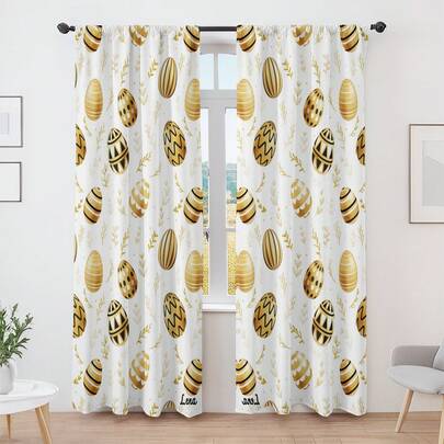 2片装复活节金蛋图案2D平面印花窗帘，北欧风格半遮光，适用于客厅和卧室，温暖优雅的装饰