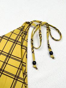 Yellow And Black Checkered Triangular Cup Side Tie Two Pieces Bikini Set,Sexy Elegant Women's Summer Leisure Beach Vacation Party Fashionable Swimwear - Multicolor - View 7