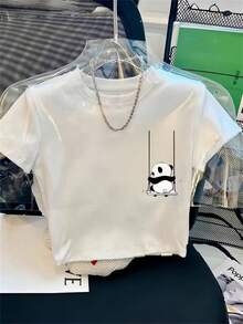 1pc Women's Y2K Aesthetic Cute Panda Swing Short-Sleeve-Shirt - Cropped Top With Fit, Summer Casual Outfits, Layering Piece Layering (Non-) - Hand Washable - Wear & - 黑色 - 查看 1