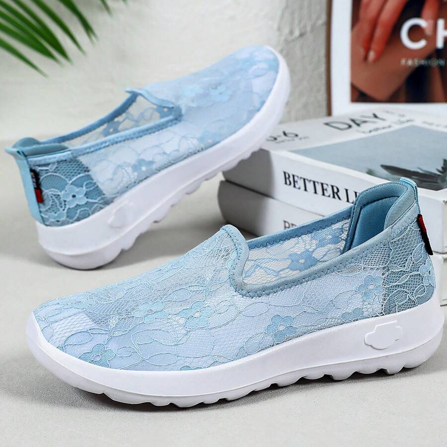 1 đôi giày lười nữ màu xanh nhạt, chất liệu lưới thoáng khí, đế mềm nhẹ, thoải mái, thích hợp cho mùa hè. - Màu xanh nhạt - Xem 1