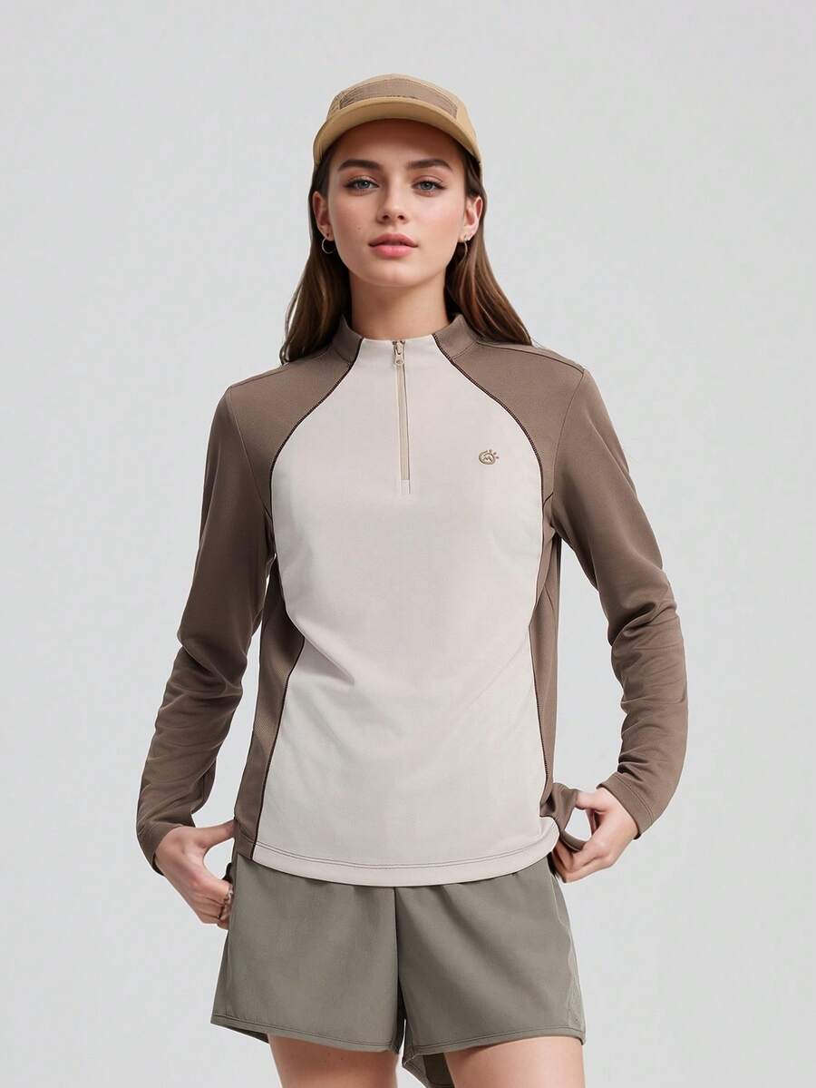 TECTOP Spring Summer Women's Long Sleeve Sports T-Shirt 1/4 Zipper Running Fitness Breathable Quick-Drying High Elasticity T-Shirt - 咖啡棕 - 查看 1