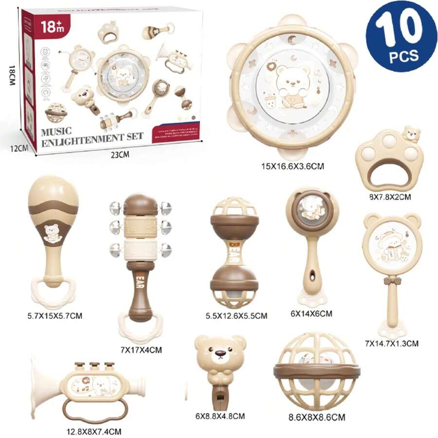 Juguete de instrumentos musicales Montessori para bebé, martillo de de goma Dental, campana de mano, instrumento sensorial de estimulación Visual temprana, juguete educativo 5RVQ - ATS30632 G 10 piezas - Ver 1