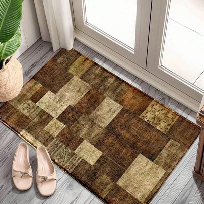 1pc Vintage Style Colorful Geometric Plaid, Retro Floral Pattern Printed Faux Wool TPR Bottom Doormat, Bathroom Mat, Kitchen Mat, Laundry Room Mat, Holiday Atmosphere Decor, Home Decor, Party Decor, Wedding Decor, Dining Decor