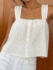 Standard Size Women's Spring/Summer Square Neck Camisole With Ruched Eyelet Embroidery Fabric Ruffled Hem Casual Vacation Short Shirt White - White - View 2
