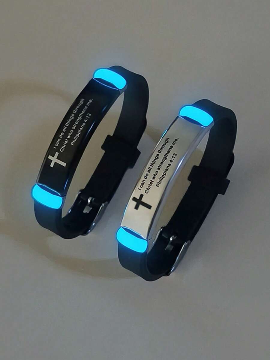 ATLVXJL 2pcs/Set Luminous Couple/Friendship Silicone Bracelet Set, Glow-In-The-Dark Square Cross & Letter Pattern, Casual Accessories Suitable For Daily Wear And Holiday Gifts - Multicolor - View 1