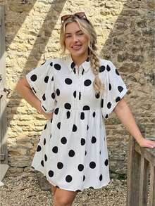 Women Polka Dot Ruffle Sleeve Collared Mini Dress Button Down V Neck Ruched Babydoll Sundress Going Out Short Dresses - 白色 - 查看 1